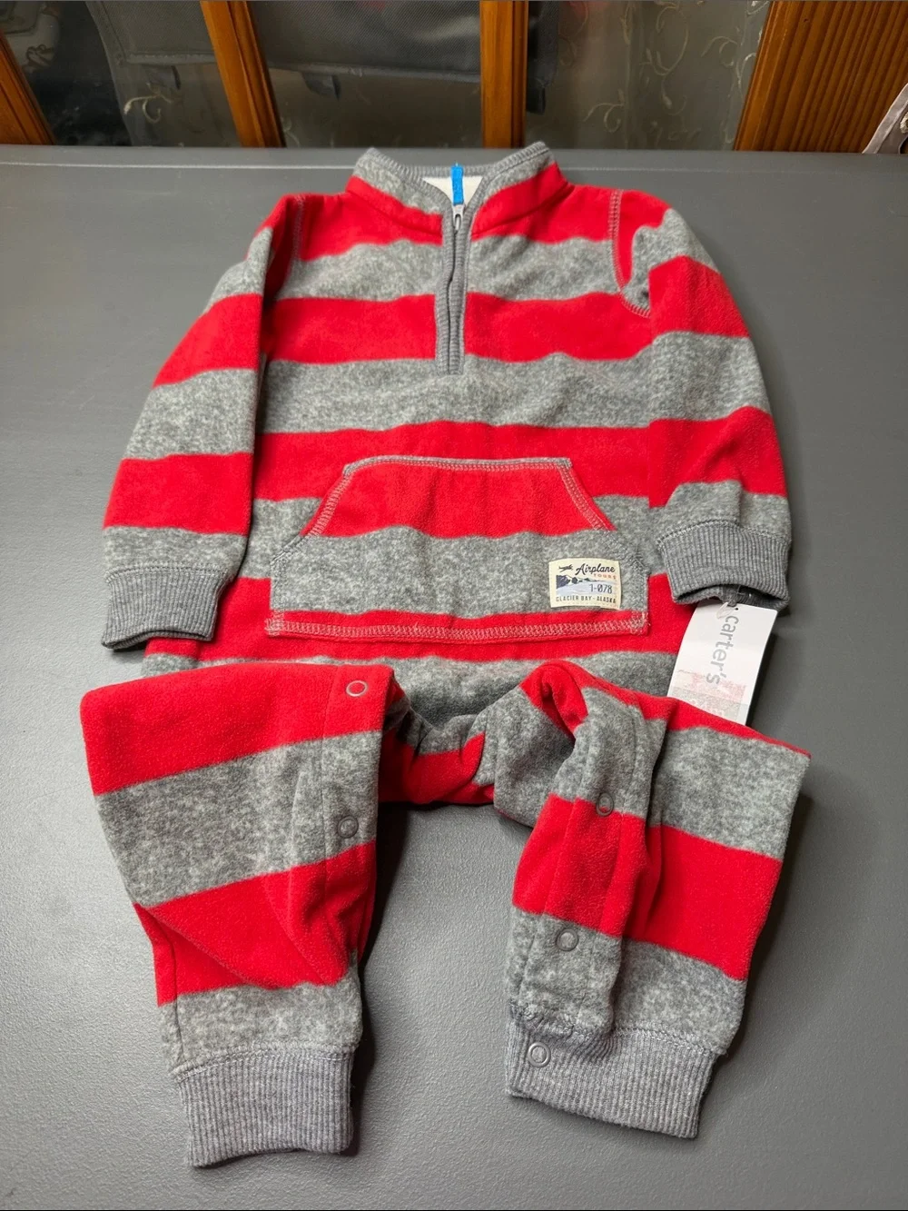 Carter's Red and Gray Striped Fleece One-Piece Romper. Size: 24M. NWT